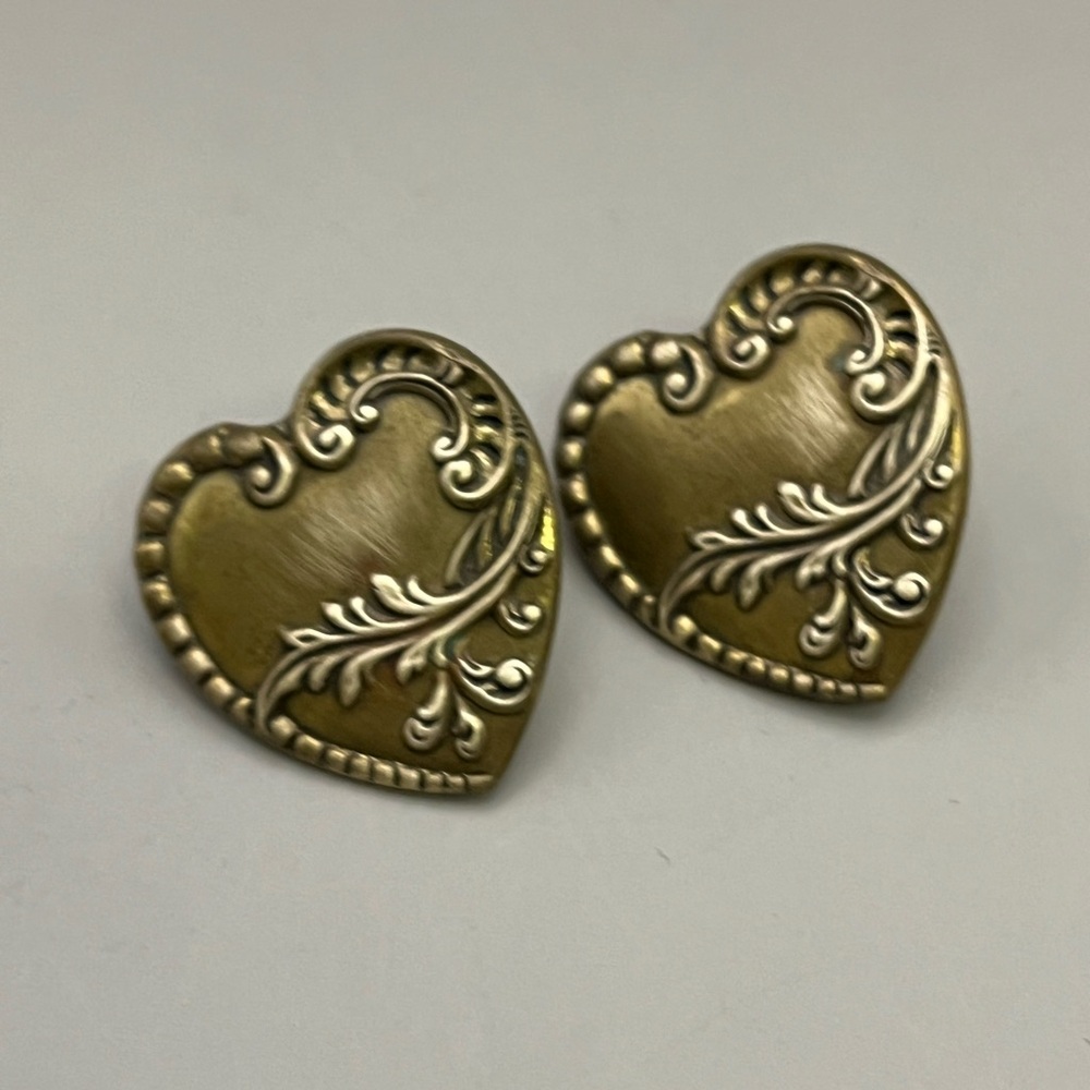 Gold Heart Earrings with Intricate Floral Design